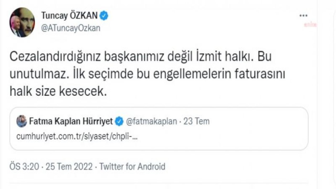 TUNCAY ÖZKAN’DAN BAŞKAN HÜRRİYET’E DESTEK: “BAŞKANI DEĞİL İZMİT HALKINI CEZALANDIRIYORSUNUZ”