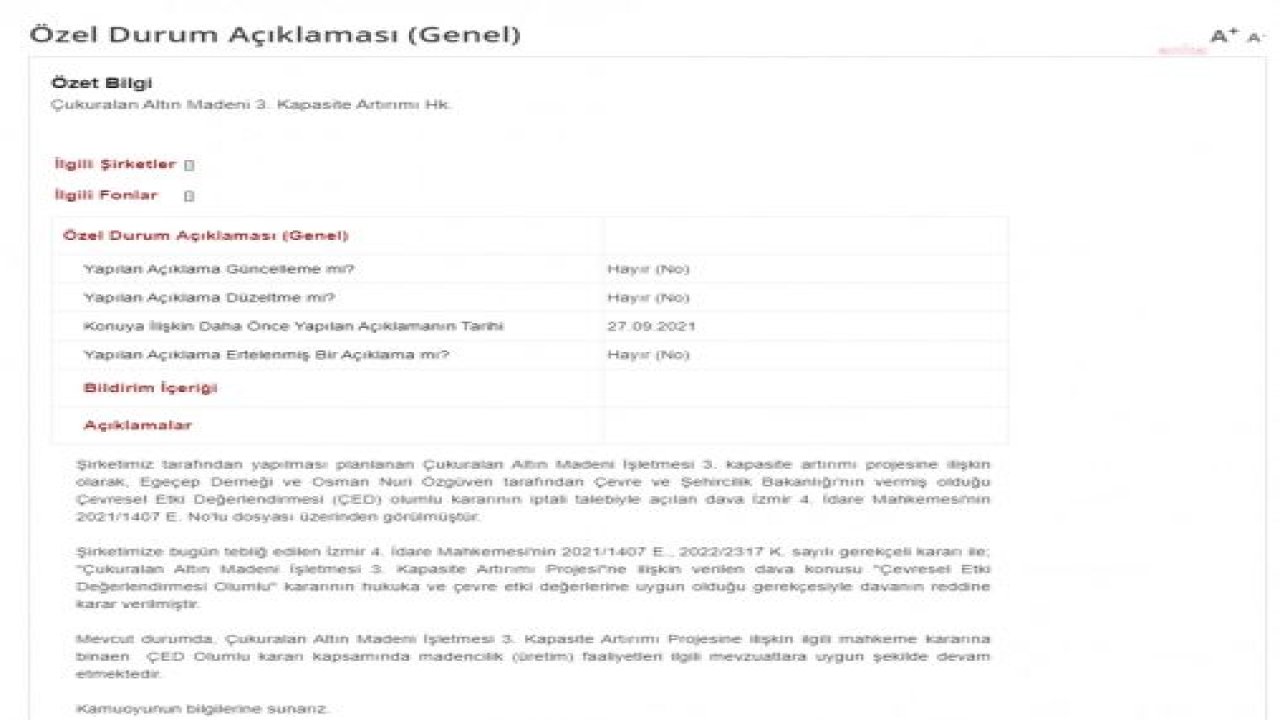 KOZA ALTIN’A AİT ÇUKURALAN ALTIN MADENİ İÇİN “ÇED OLUMLU” KARARININ İPTALİNE İLİŞKİN DAVA REDDEDİLDİ