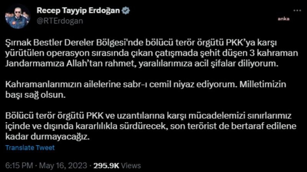 CUMHURBAŞKANI ERDOĞAN’DAN ŞIRNAK’TA ŞEHİT DÜŞEN ASKERLER İÇİN TAZİYE MESAJI