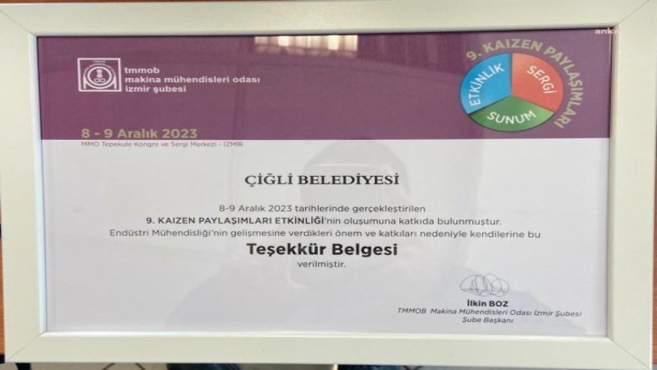 ÇİĞLİ BELEDİYESİ’NE TEŞEKKÜR BELGESİ