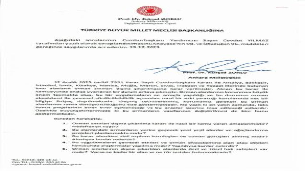 KÜRŞAD ZORLU’DAN CEVDET YILMAZ’A: “ORMAN SINIRLARININ DIŞINA ÇIKARTILAN ALANLARDA ÖZEL VE TÜZEL HAK SAHİPLERİ VAR MIDIR?”