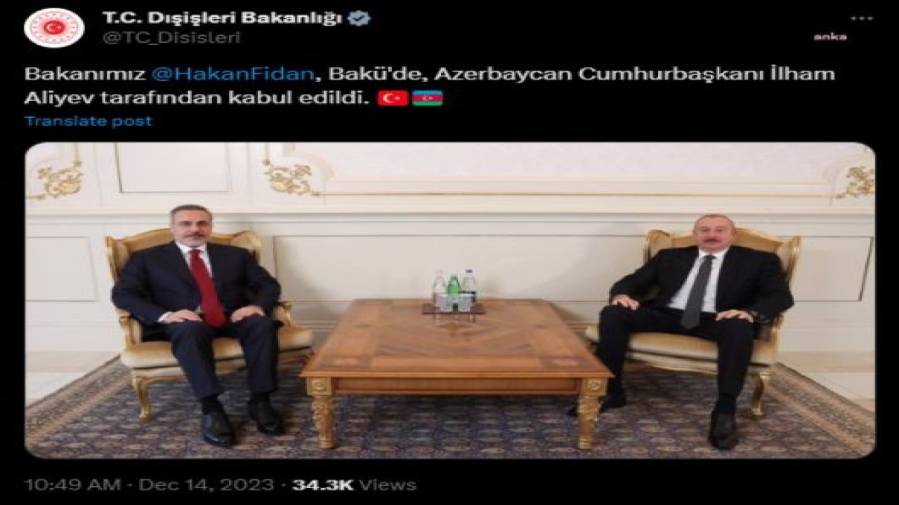 HAKAN FİDAN BAKÜ’DE AZERBAYCAN CUMHURBAŞKANI İLHAM ALİYEV VE DIŞİŞLERİ BAKANI CEYHUN BAYRAMOV İLE GÖRÜŞTÜ