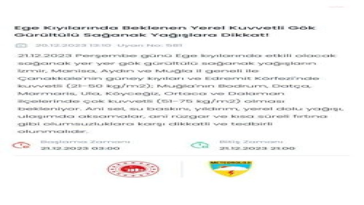 METEOROLOJİ GENEL MÜDÜRLÜĞÜ’NDEN EGE BÖLGESİ İÇİN GÖK GÜRÜLTÜLÜ SAĞANAK YAĞIŞ UYARISI