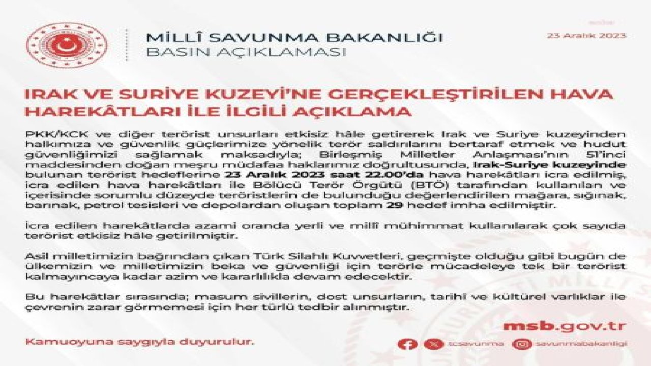 MSB: “IRAK-SURİYE KUZEYİNDE BULUNAN TERÖRİST HEDEFLERİNE YAPILAN HAVA HAREKATLARI İLE 29 HEDEF İMHA EDİLMİŞTİR”