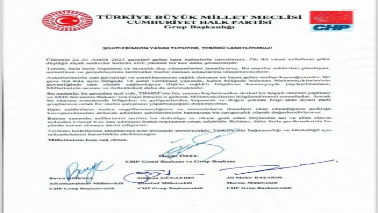 ÖZGÜR ÖZEL: “TÜRKİYE’NİN BAĞIMSIZLIĞI VE BÜTÜNLÜĞÜ İÇİN MÜCADELEMİZİ KARARLILIKLA SÜRDÜRECEĞİZ. BUNU YAPARKEN DE SORUMLULARIN ARKASINA DİZİLMEYECEĞİZ”