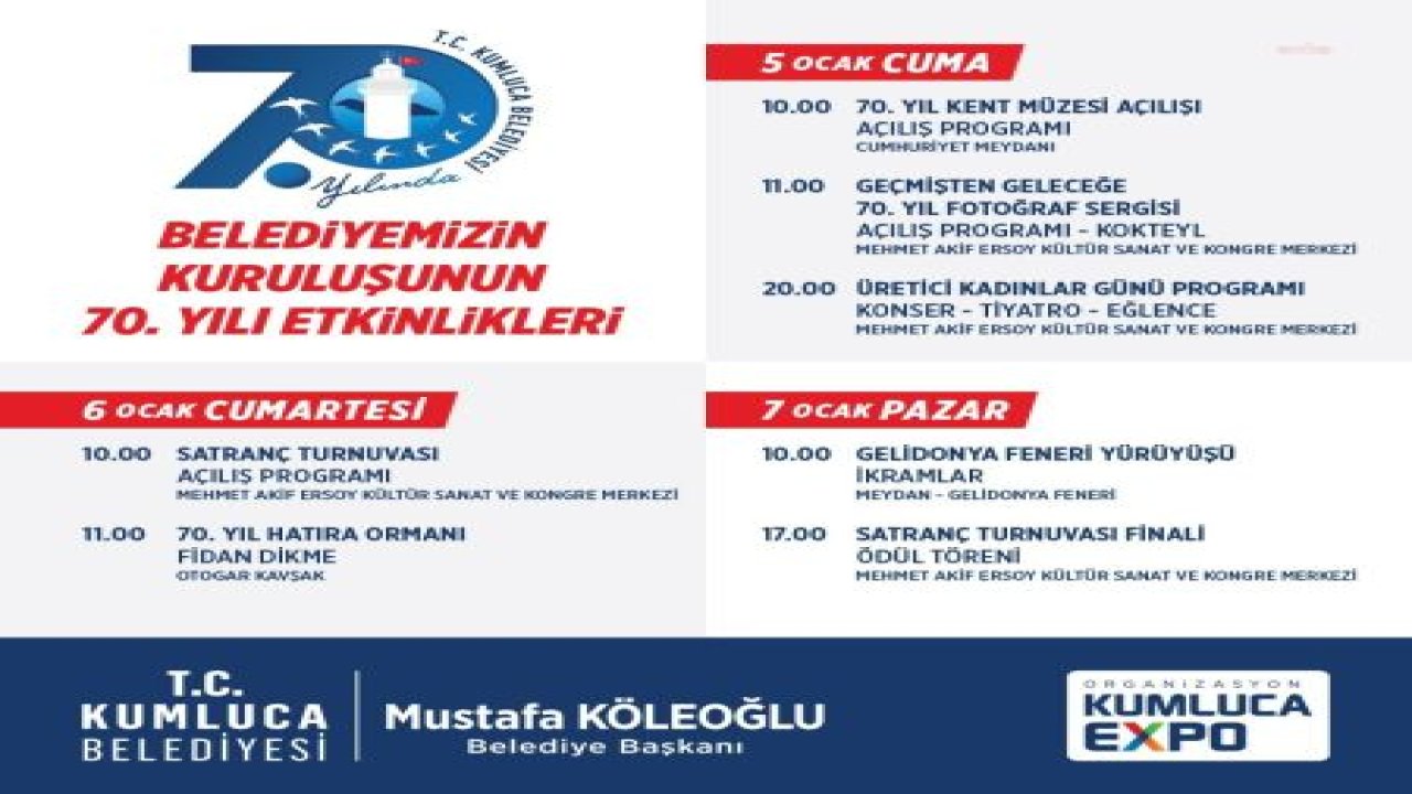 KUMLUCA BELEDİYESİ’NİN KURULUŞUNUN 70. YILI ETKİNLİKLERİ BAŞLIYOR