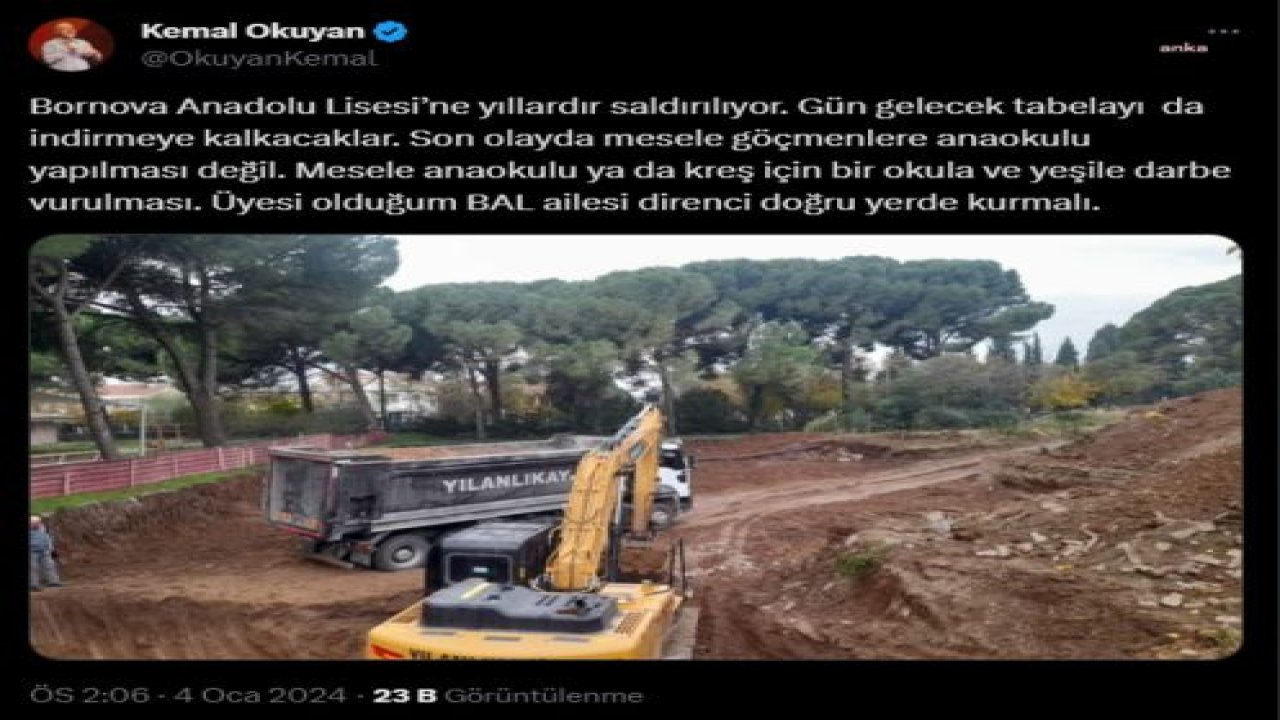 TKP GENEL SEKRETERİ OKUYAN’DAN ‘BORNOVA ANADOLU LİSESİ KORULUĞUNDA MÜLTECİLER İÇİN ANAOKULU YAPILDIĞI’ İDDİALARINA TEPKİ: “GÜN GELECEK TABELAYI DA İNDİRMEYE KALKACAKLAR”